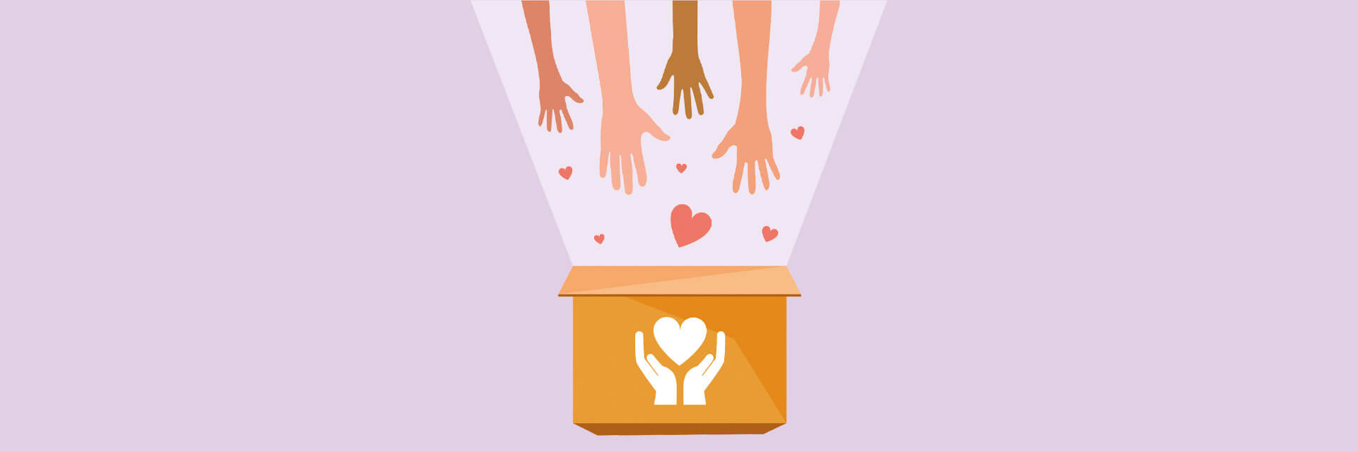 Grafik: Spendenbox mit vielen helfenden Händen und Herzen