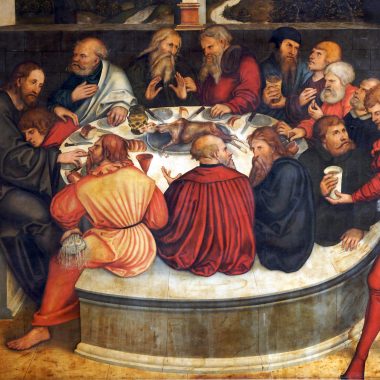 Lord's Supper 14.4.2009: Reformation altarpiece by Lucas Cranach the Elder (1472-1553) in the Stadtkirche St-Marien, Wittenberg. The servant handing a beaker to a disciple (Luther in his disguise as Junker Jorge) is a portrait of Lucas Cranach the Younger.