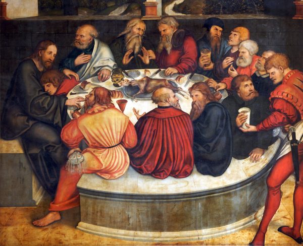 Lord's Supper 14.4.2009: Reformation altarpiece by Lucas Cranach the Elder (1472-1553) in the Stadtkirche St-Marien, Wittenberg. The servant handing a beaker to a disciple (Luther in his disguise as Junker Jorge) is a portrait of Lucas Cranach the Younger.