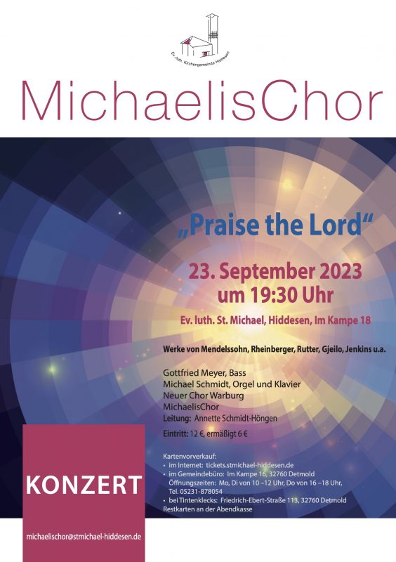 Plakat des Konzerts des Michaelischores am 23.09.2023 19:30 Uhr Werke von Mendelssohn, Rheinberger, Rutter, Gjello, Jenkins