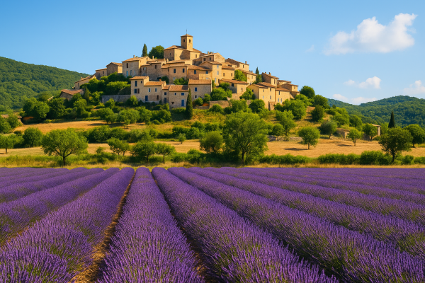Stadt auf dem Hügel und im Vordergrund Lavendelfelder