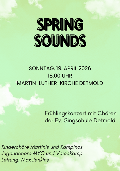 Vier Chöre der Evangelischen Singschule Detmold, in der wöchentlich über 100 Kinder und Jugendliche im Chorsingen ausgebildet werden, laden zu einem Frühlingskonzert mit jungen Stimmen ein. Die Kinderchöre Martinis (Standort Detmold, Martin-Luther-Kirche) und Kampinos (Standort Hiddesen, St. Michael im Kampe) vereinen Sängerinnen und Sänger im Alter von 9 bis 12 Jahren. Die Kinder sammeln hier ihre ersten Erfahrungen im ein- bis dreistimmigen Chorgesang. Im April nehmen sie am Wettbewerb „Jugend singt“ in Essen teil. Der Jugendchor VoiceKamp, der bereits in Brakel zu Gast war, war zuletzt gemeinsam mit dem Jugendchor MYC bei regionalen und überregionalen Konzerten in Detmold, Marienmünster und Belgien zu hören. Auch der Jugendchor MYC wird im April am Wettbewerb „Jugend singt“ teilnehmen. MYC und VoiceKamp werden ein vielseitiges Programm mit Solo- und Chorstücken aus dem Pop-Bereich bieten, darunter anspruchsvolle a-capella Balladen wie „Light in the Hallway“ (Pentatonix), aber auch mitreißende, aktuelle Hits wie „Don´t Kill My Vibe“ (Tove Lo). Das gesamte Konzert spannt einen großen Bogen von geistlicher Musik und Traditionals hin zu vielen verschiedenen Popchor-Klängen.